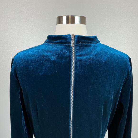 Tahari ASL Long Sleeve Velvet Sheath Cocktail Dress Blue Size 16 Beaded Sash - Picture 8 of 15